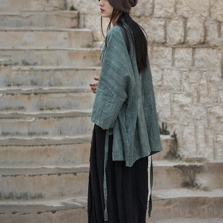 Cappotto con lacci e tie-dye con Buddha Stones , meditazione zen, giacca aperta sul davanti