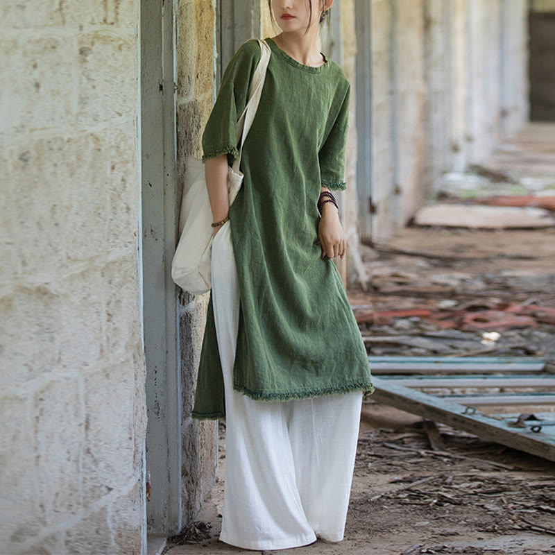 Abito lungo Buddha Stones, maglietta in lino ramiè, mezza manica, orlo diviso - image 12