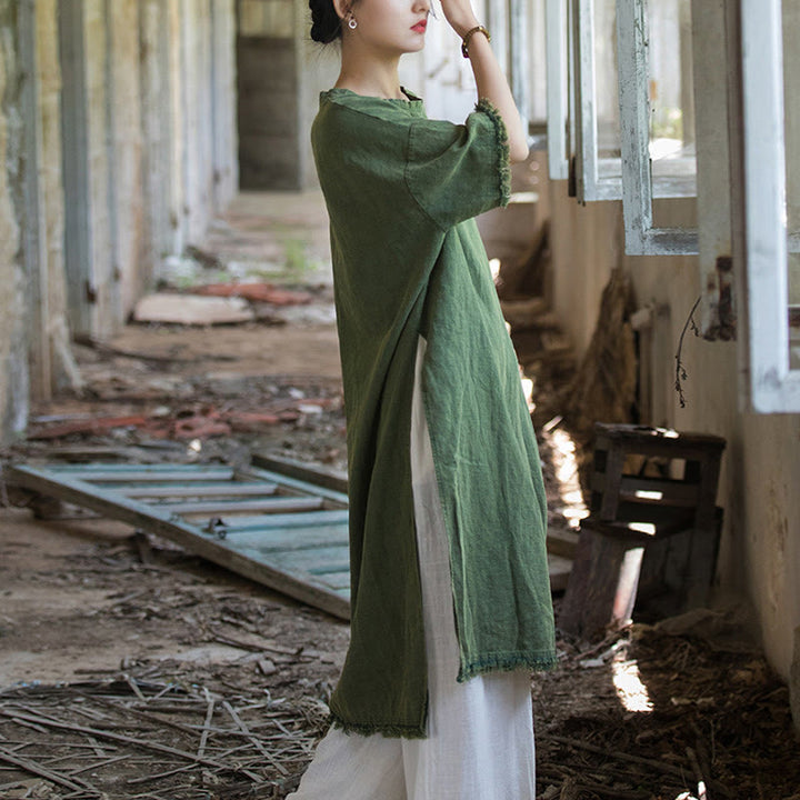 Abito lungo Buddha Stones, maglietta in lino ramiè, mezza manica, orlo diviso - image 6