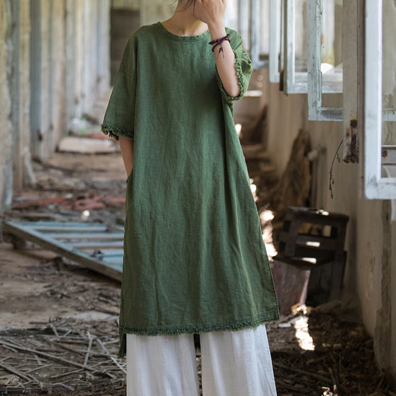 Top da donna a maniche corte in ramia e lino con spacco e motivo Buddha Stones - image 7