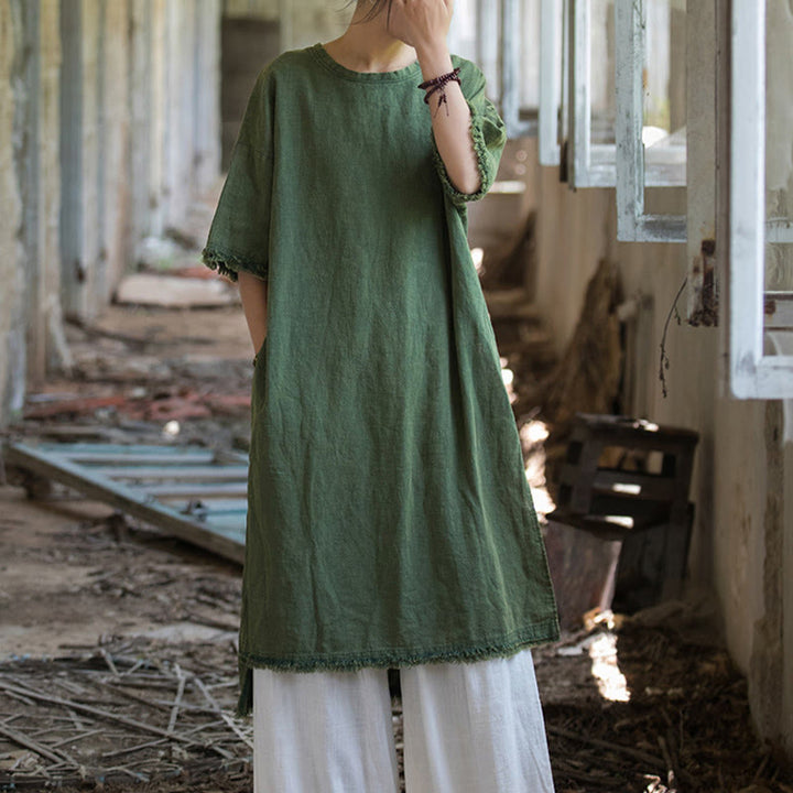Top da donna a maniche corte in ramia e lino con spacco e motivo Buddha Stones - image 7