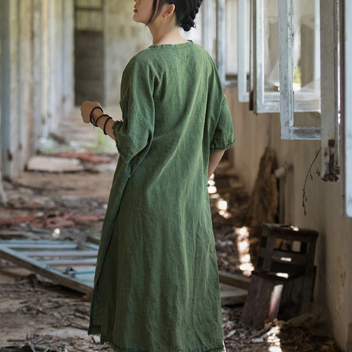 Abito lungo Buddha Stones, maglietta in lino ramiè, mezza manica, orlo diviso - image 4