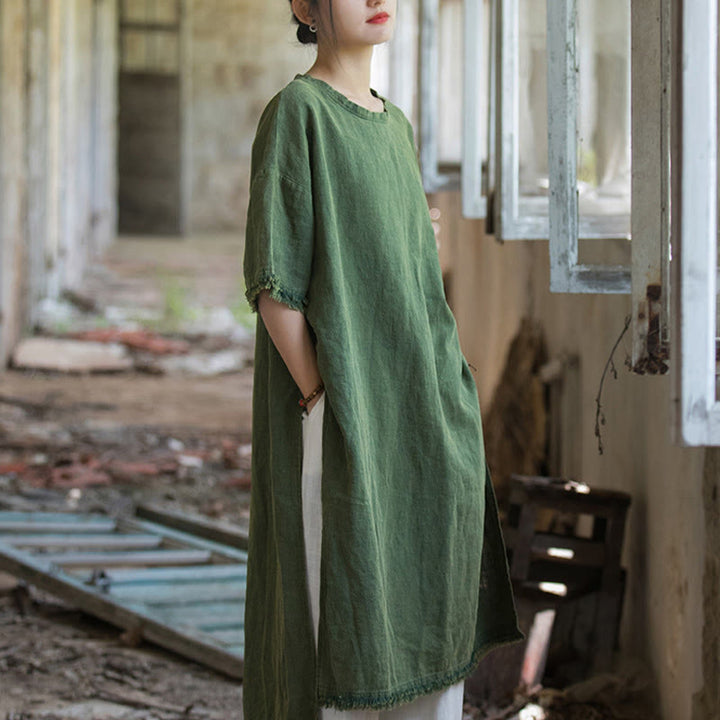 Abito lungo Buddha Stones, maglietta in lino ramiè, mezza manica, orlo diviso - image 10