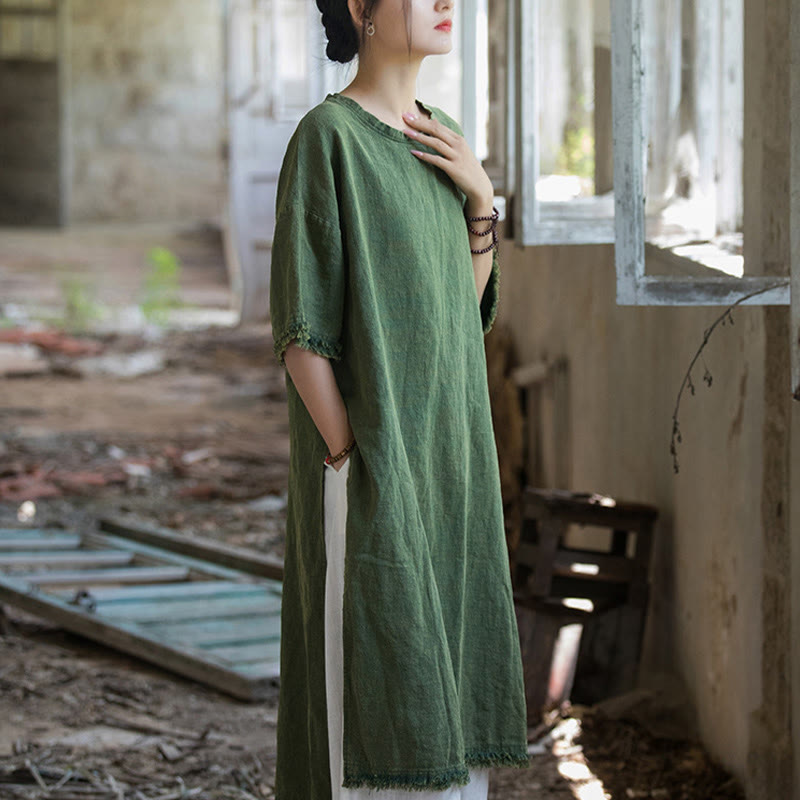 Abito lungo Buddha Stones, maglietta in lino ramiè, mezza manica, orlo diviso - image 5