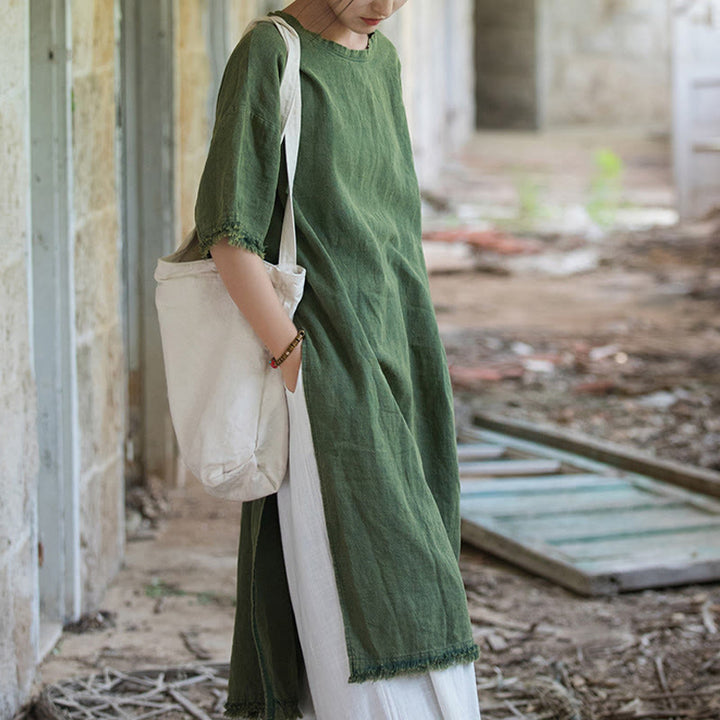 Abito lungo Buddha Stones, maglietta in lino ramiè, mezza manica, orlo diviso - image 8