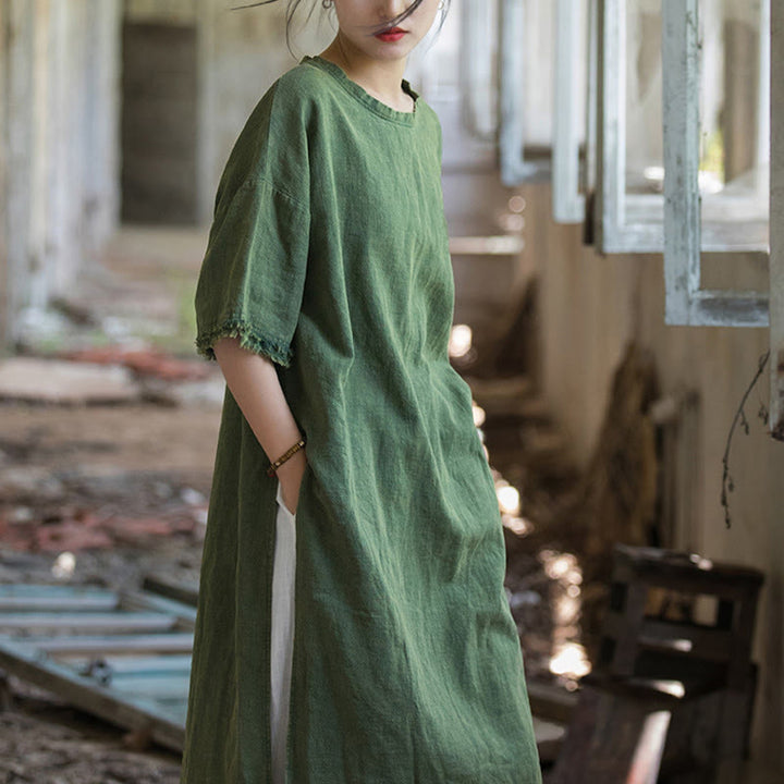 Abito lungo Buddha Stones, maglietta in lino ramiè, mezza manica, orlo diviso - image 3