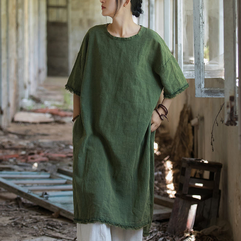 Top da donna a maniche corte in ramia e lino con spacco e motivo Buddha Stones - image 1