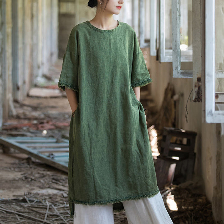 Top da donna a maniche corte in ramia e lino con spacco e motivo Buddha Stones - Verde - US4, UK/AU8, EU36-44 (F) (Solo magliette) - image 0