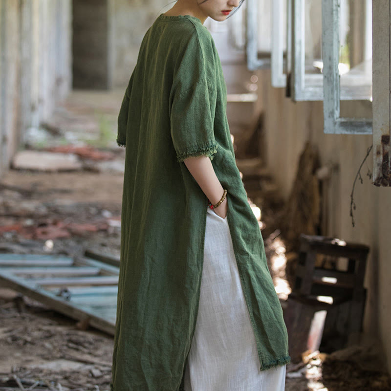 Abito lungo Buddha Stones, maglietta in lino ramiè, mezza manica, orlo diviso - image 2