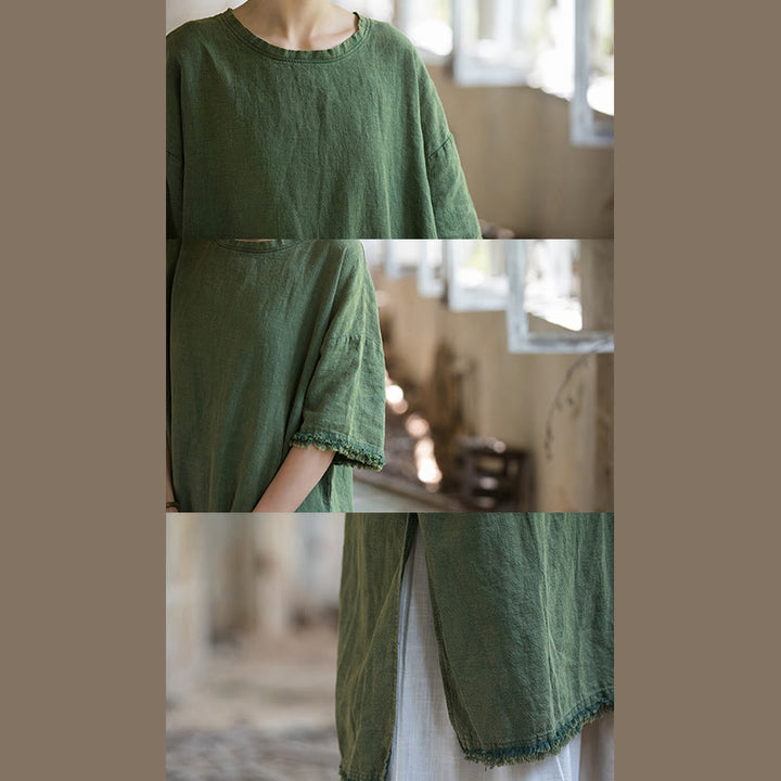 Top da donna a maniche corte in ramia e lino con spacco e motivo Buddha Stones - image 13