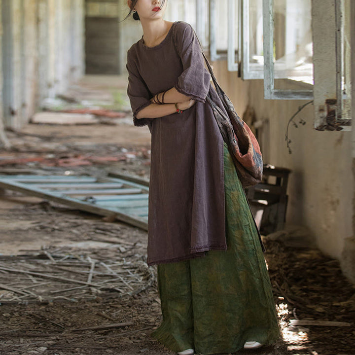 Abito lungo Buddha Stones, maglietta in lino ramiè, mezza manica, orlo diviso - image 29