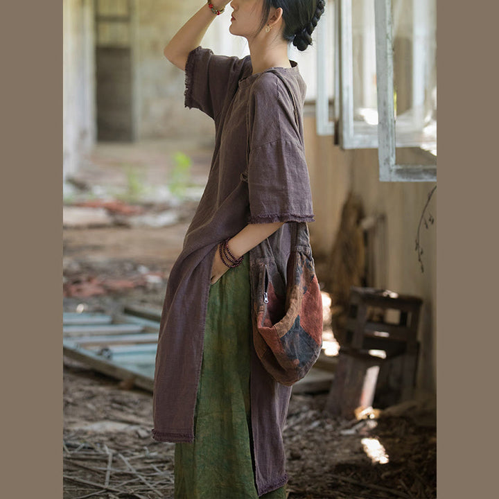Abito lungo Buddha Stones, maglietta in lino ramiè, mezza manica, orlo diviso - image 23