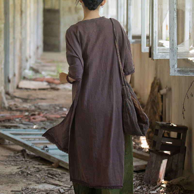 Abito lungo Buddha Stones, maglietta in lino ramiè, mezza manica, orlo diviso - image 18