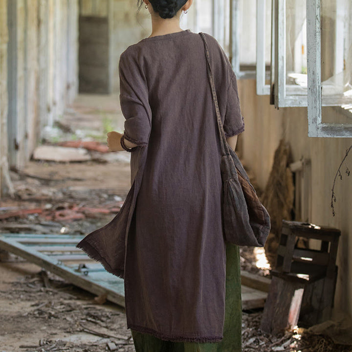 Abito lungo Buddha Stones, maglietta in lino ramiè, mezza manica, orlo diviso - image 18