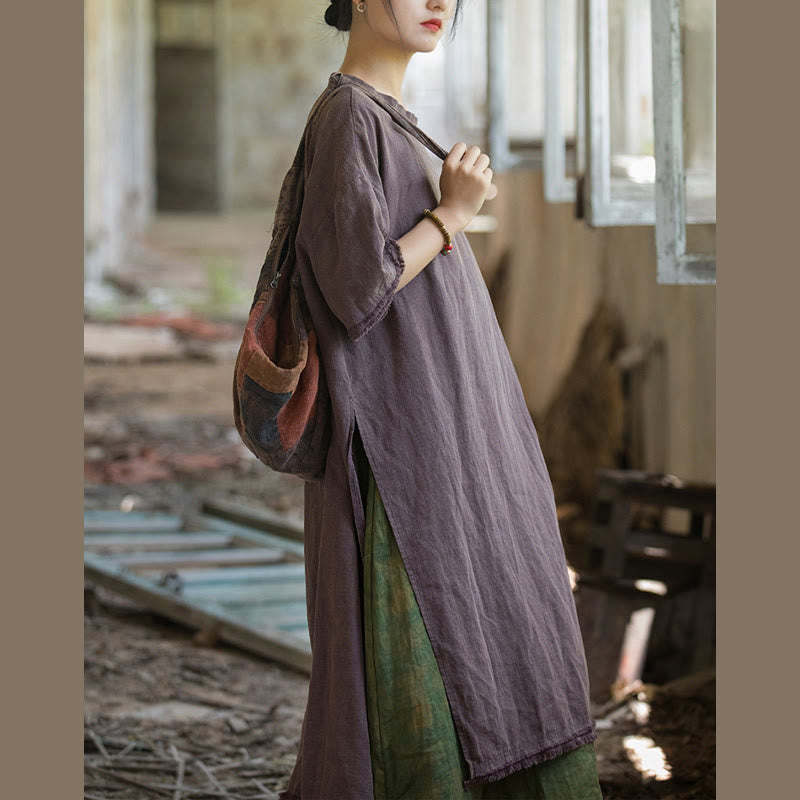 Abito lungo Buddha Stones, maglietta in lino ramiè, mezza manica, orlo diviso - image 24