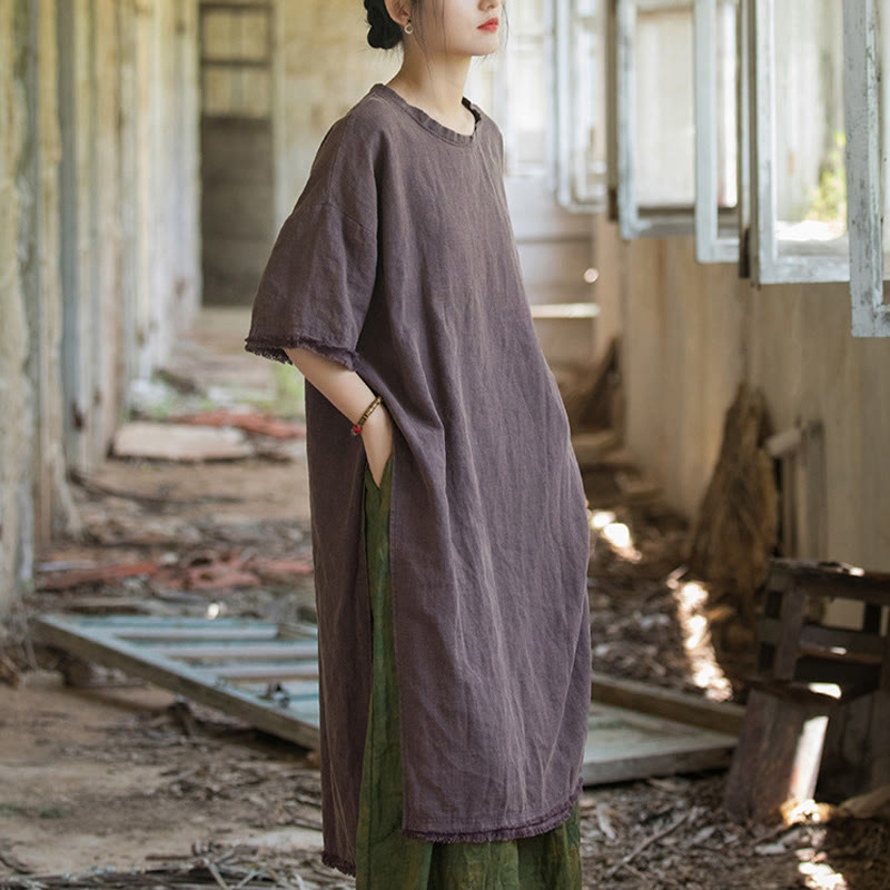 Abito lungo Buddha Stones, maglietta in lino ramiè, mezza manica, orlo diviso - image 19