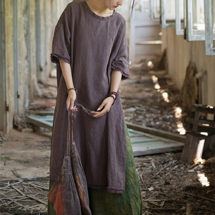 Abito lungo Buddha Stones, maglietta in lino ramiè, mezza manica, orlo diviso - image 25