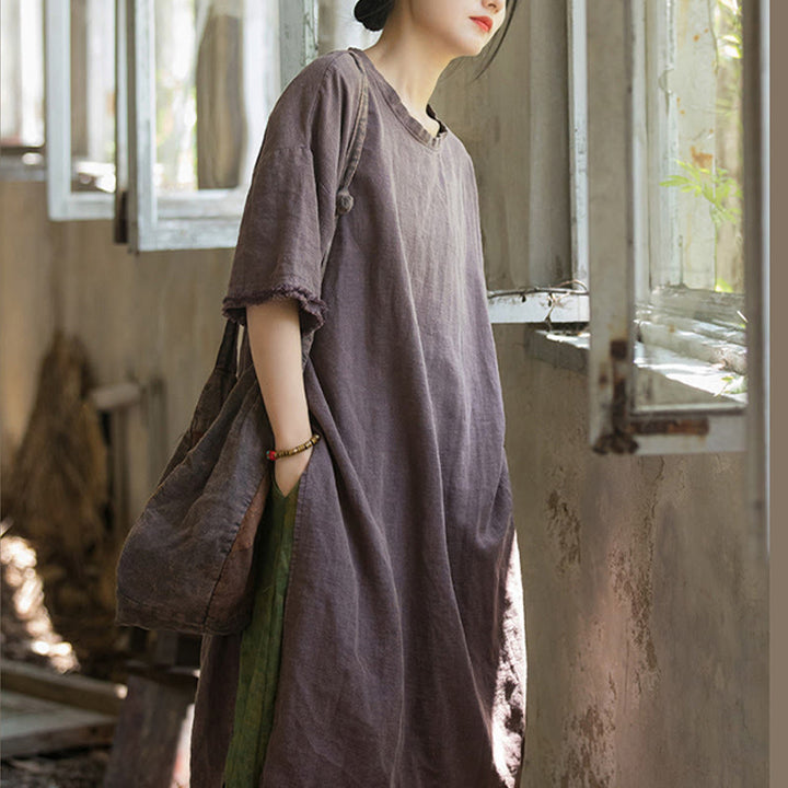 Abito lungo Buddha Stones, maglietta in lino ramiè, mezza manica, orlo diviso - image 21