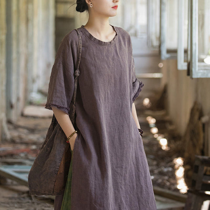 Top da donna a maniche corte in ramia e lino con spacco e motivo Buddha Stones - image 26