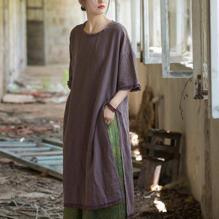 Abito lungo Buddha Stones, maglietta in lino ramiè, mezza manica, orlo diviso - image 16