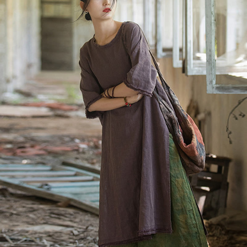 Abito lungo Buddha Stones, maglietta in lino ramiè, mezza manica, orlo diviso - Viola (Busto 124 cm/Spalle 60 cm/Lunghezza 101-108 cm) (Solo abito) - image 15