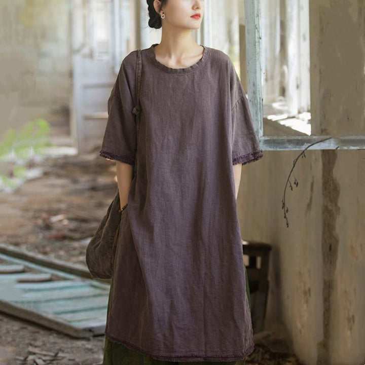 Top da donna a maniche corte in ramia e lino con spacco e motivo Buddha Stones - image 17