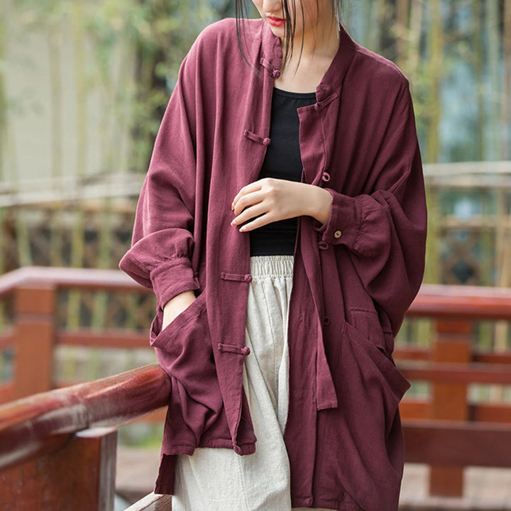 Giacca aperta sul davanti con tasche e bottoni a rana a maniche lunghe per meditazione zen Buddha Stones - Rosso, US4, UK/AU8, EU36-46 (F) - image 0