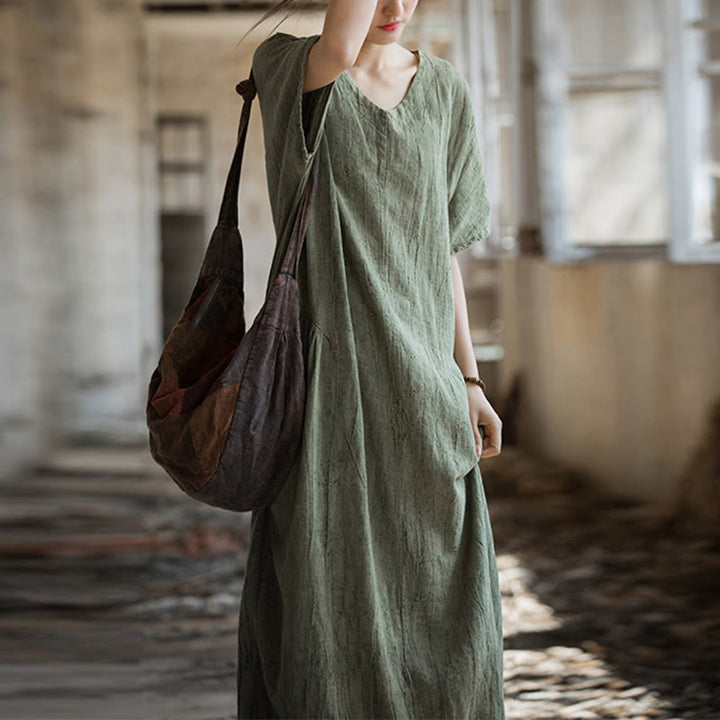 Vestito midi in lino con scollo a V e maniche corte, fatto a mano, con tintura a nodi , Buddha Stones - Verde (Busto 120 cm/Lunghezza 120 cm) (Solo abito) - image 0