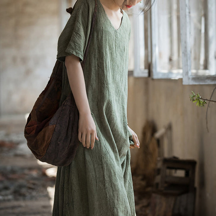 Vestito midi in lino con scollo a V e maniche corte, fatto a mano, con tintura a nodi , Buddha Stones - image 3