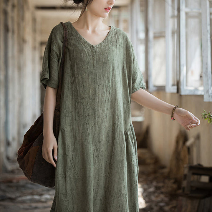 Vestito midi in lino con scollo a V e maniche corte, fatto a mano, con tintura a nodi , Buddha Stones