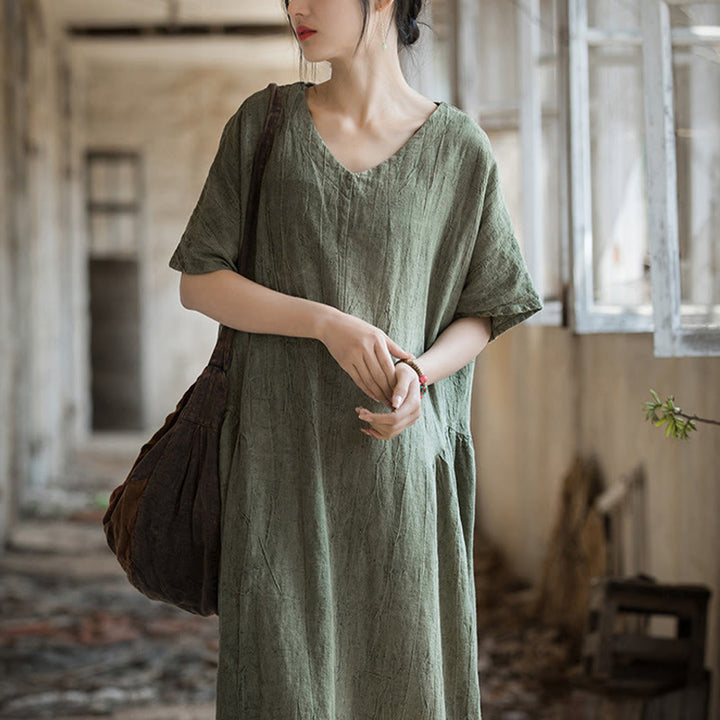 Vestito midi in lino con scollo a V e maniche corte, fatto a mano, con tintura a nodi , Buddha Stones - image 4