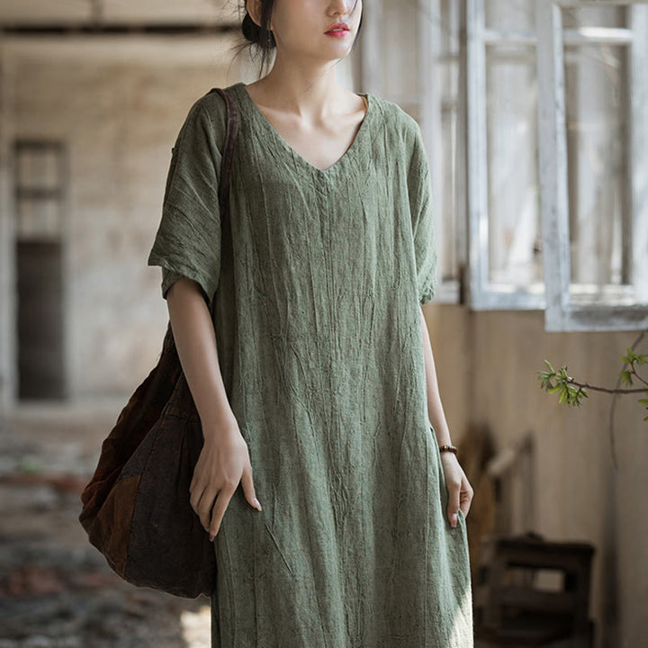 Vestito midi in lino con scollo a V e maniche corte, fatto a mano, con tintura a nodi , Buddha Stones - image 2