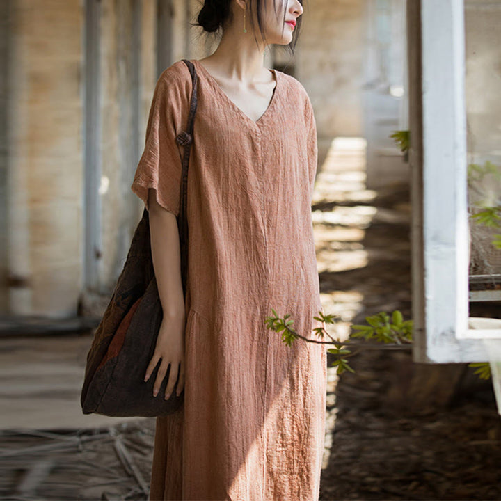 Vestito midi in lino con scollo a V e maniche corte, fatto a mano, con tintura a nodi , Buddha Stones