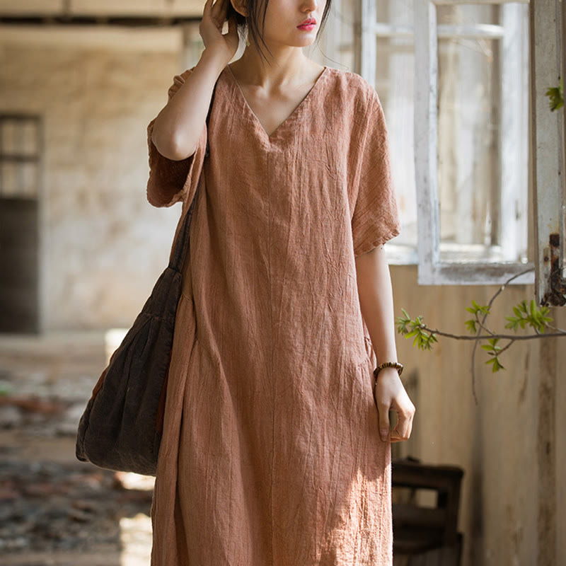 Vestito midi in lino con scollo a V e maniche corte, fatto a mano, con tintura a nodi , Buddha Stones - image 9