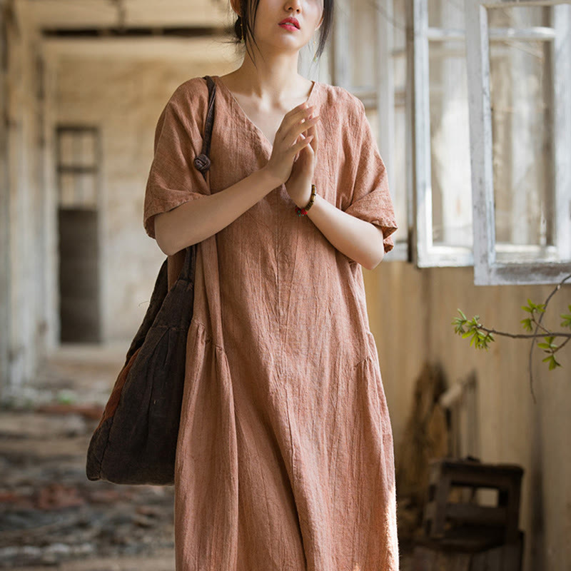 Vestito midi in lino con scollo a V e maniche corte, fatto a mano, con tintura a nodi , Buddha Stones