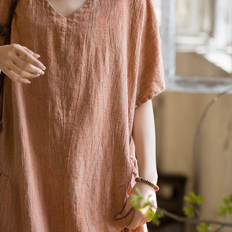 Vestito midi in lino con scollo a V e maniche corte, fatto a mano, con tintura a nodi , Buddha Stones