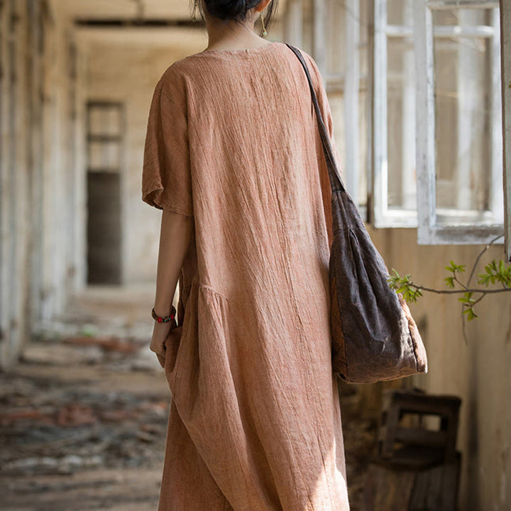 Vestito midi in lino con scollo a V e maniche corte, fatto a mano, con tintura a nodi , Buddha Stones