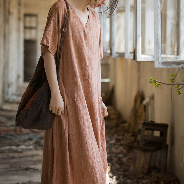 Vestito midi in lino con scollo a V e maniche corte, fatto a mano, con tintura a nodi , Buddha Stones - image 12