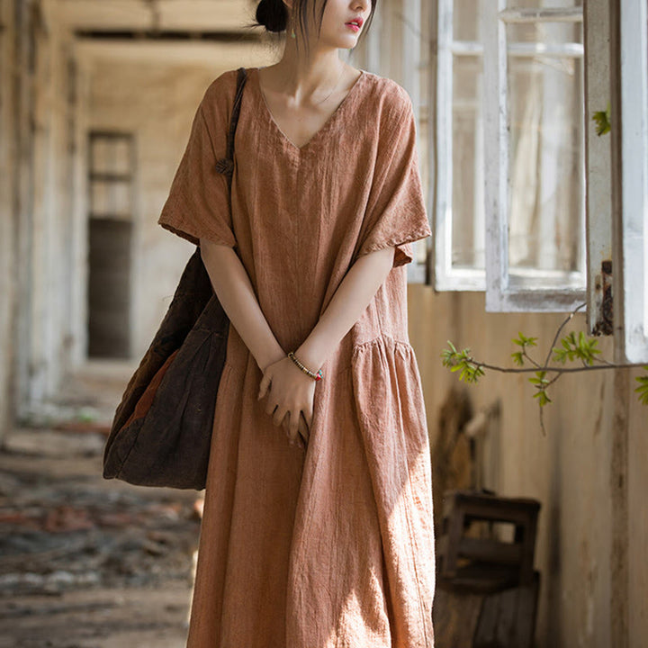 Vestito midi in lino con scollo a V e maniche corte, fatto a mano, con tintura a nodi , Buddha Stones