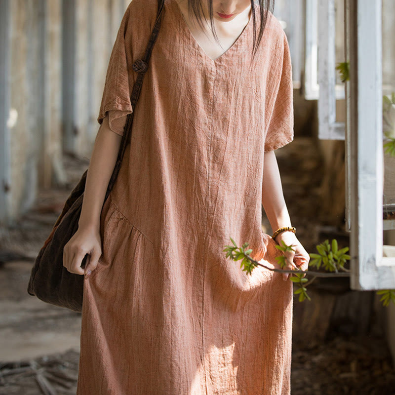 Vestito midi in lino con scollo a V e maniche corte, fatto a mano, con tintura a nodi , Buddha Stones - image 15