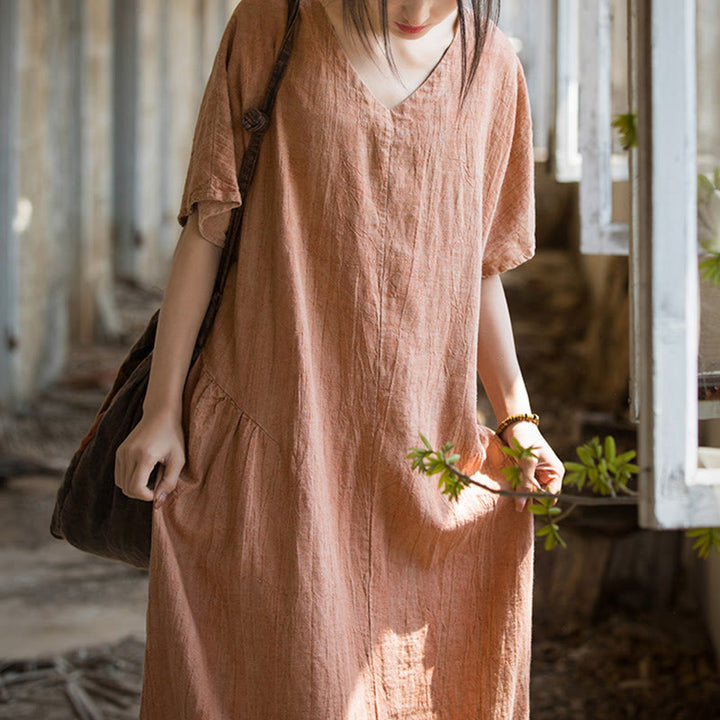 Vestito midi in lino con scollo a V e maniche corte, fatto a mano, con tintura a nodi , Buddha Stones - image 15