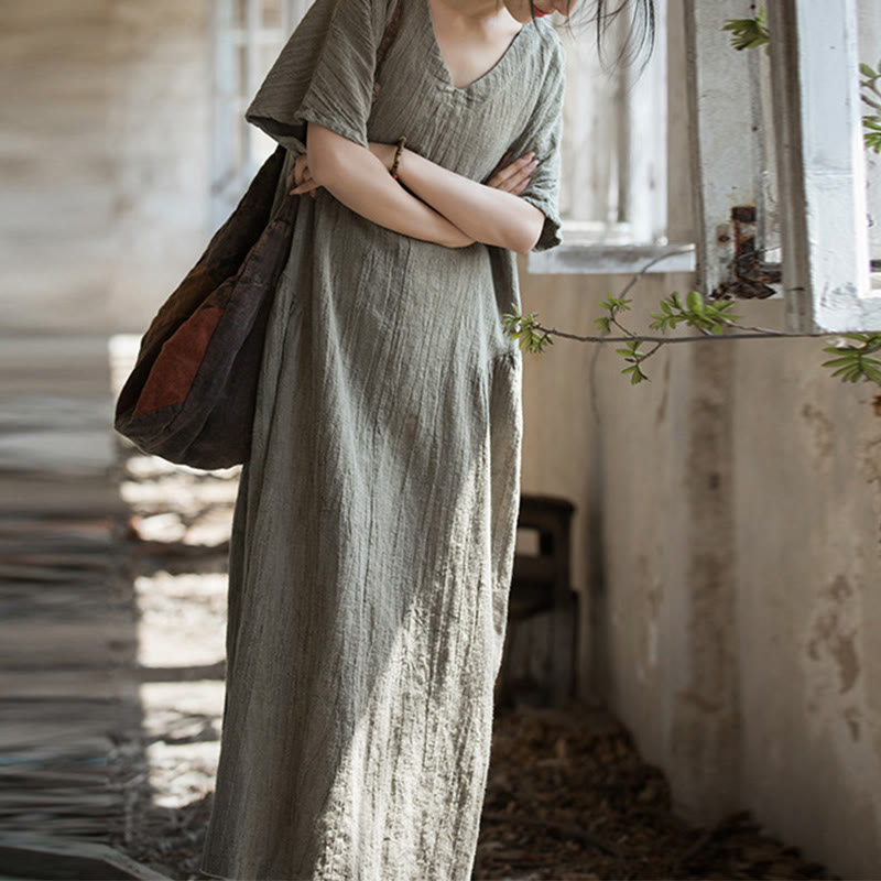 Vestito midi in lino con scollo a V e maniche corte, fatto a mano, con tintura a nodi , Buddha Stones - image 24