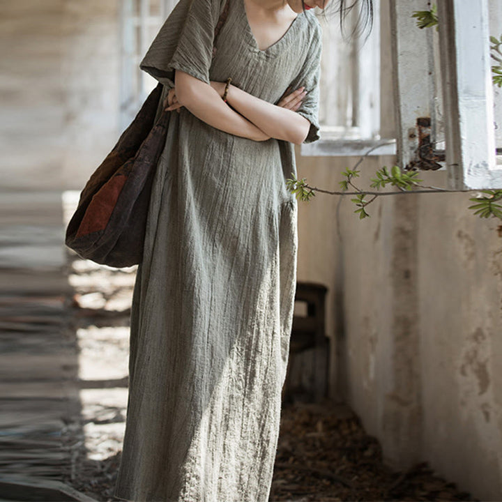 Vestito midi in lino con scollo a V e maniche corte, fatto a mano, con tintura a nodi , Buddha Stones - image 24