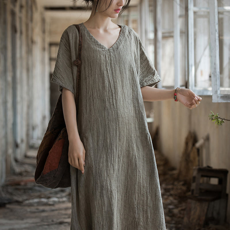 Vestito midi in lino con scollo a V e maniche corte, fatto a mano, con tintura a nodi , Buddha Stones
