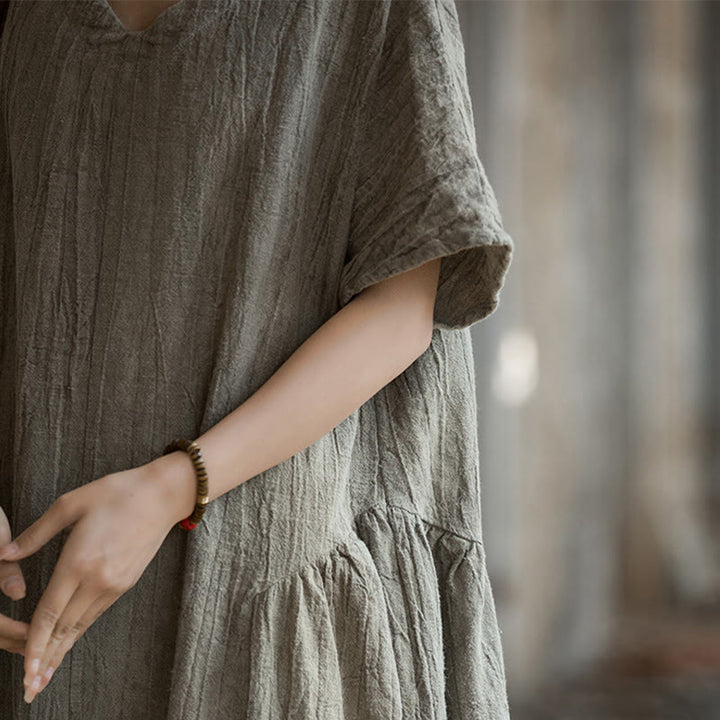 Vestito midi in lino con scollo a V e maniche corte, fatto a mano, con tintura a nodi , Buddha Stones - image 25