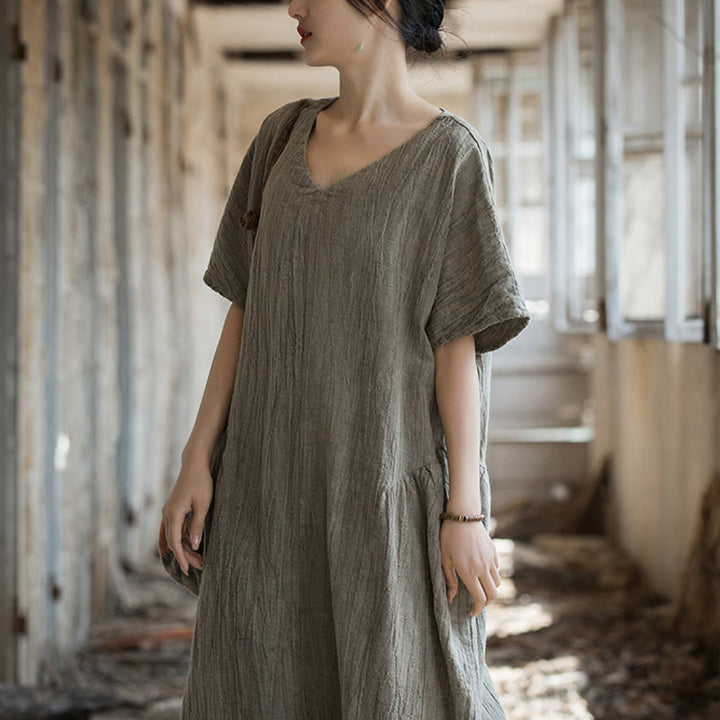 Vestito midi in lino con scollo a V e maniche corte, fatto a mano, con tintura a nodi , Buddha Stones