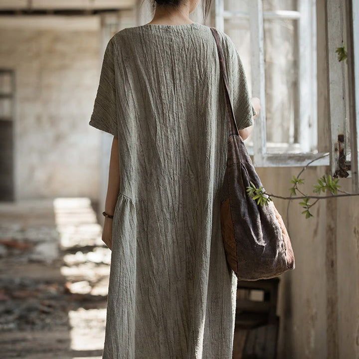 Vestito midi in lino con scollo a V e maniche corte, fatto a mano, con tintura a nodi , Buddha Stones
