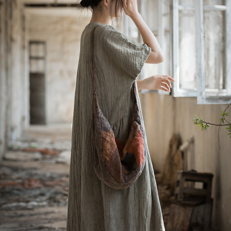 Vestito midi in lino con scollo a V e maniche corte, fatto a mano, con tintura a nodi , Buddha Stones
