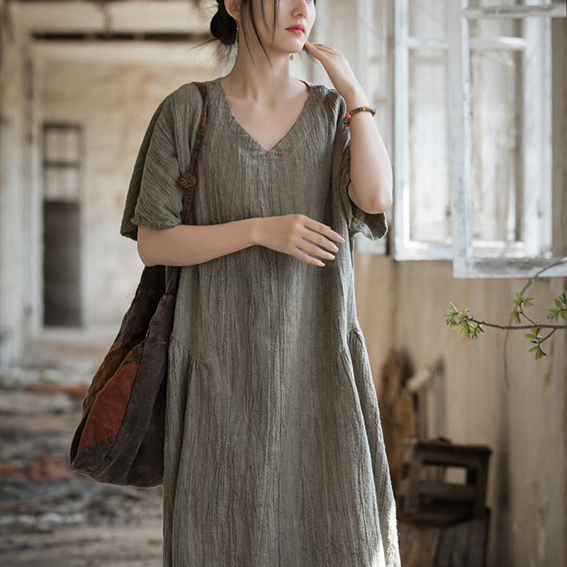 Vestito midi in lino con scollo a V e maniche corte, fatto a mano, con tintura a nodi , Buddha Stones