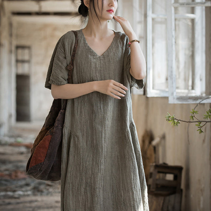 Vestito midi in lino con scollo a V e maniche corte, fatto a mano, con tintura a nodi , Buddha Stones